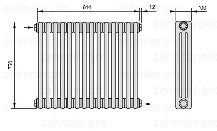 Схема (чертеж) Радиатор Zehnder Charleston 3075/14 №1670 Белый глянцевый RAL 9016